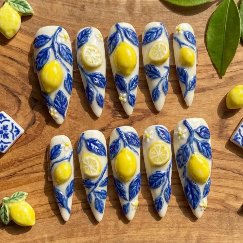 Amalfi Coast nails, blue and white nails, press on nails, custom press on nails, fake nails, Nails Art, stained glass nails, gold press on nails, 3d press on nails, luxury press on nails, handmade press on nails