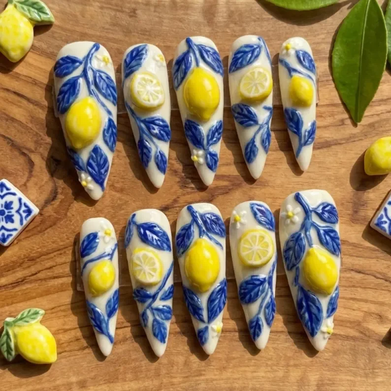 luxury lemon press on nails, Mediterranean nail set, press on nails, custom press on nails, fake nails, Nails Art, stained glass nails, gold press on nails, 3d press on nails, luxury press on nails, handmade press on nails