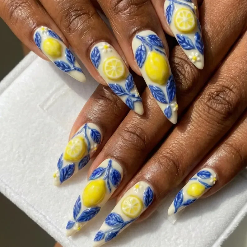 Amalfi Coast nails, blue and white nails, press on nails, custom press on nails, fake nails, Nails Art, stained glass nails, gold press on nails, 3d press on nails, luxury press on nails, handmade press on nails