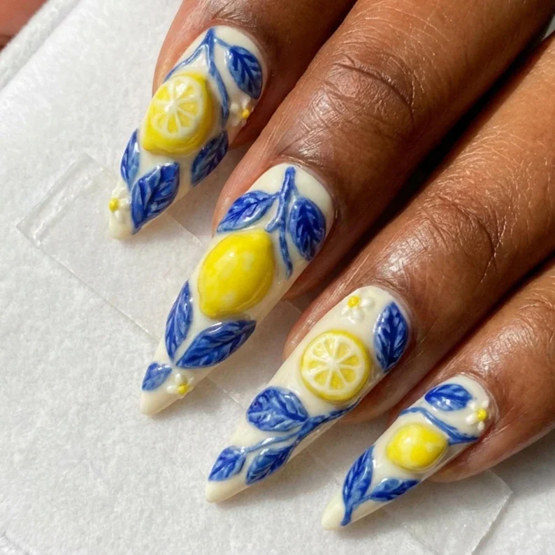 porcelain art nails, lemon themed nails, press on nails, custom press on nails, fake nails, Nails Art, stained glass nails, gold press on nails, 3d press on nails, luxury press on nails, handmade press on nails