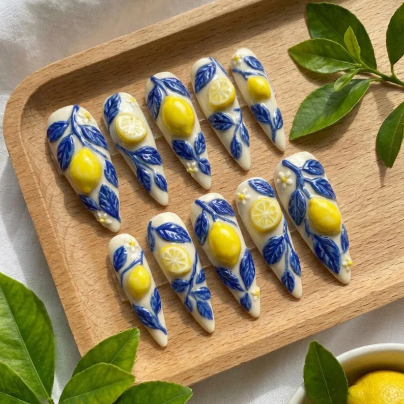 luxury lemon press on nails, Mediterranean nail set, press on nails, custom press on nails, fake nails, Nails Art, stained glass nails, gold press on nails, 3d press on nails, luxury press on nails, handmade press on nails