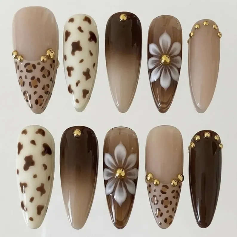 luxury mocha nails, animal print press, press on nails, custom press on nails, fake nails, Nails Art, stained glass nails, gold press on nails, 3d press on nails, luxury press on nails, handmade press on nails