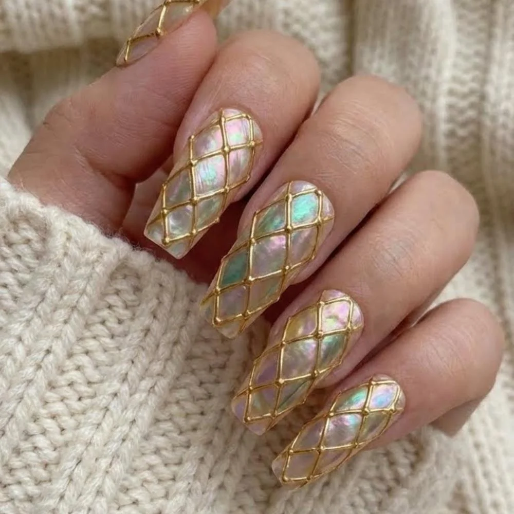 diamond grid design, coffin press on nails, press on nails, custom press on nails, fake nails, Nails Art, stained glass nails, gold press on nails, 3d press on nails, luxury press on nails, handmade press on nails