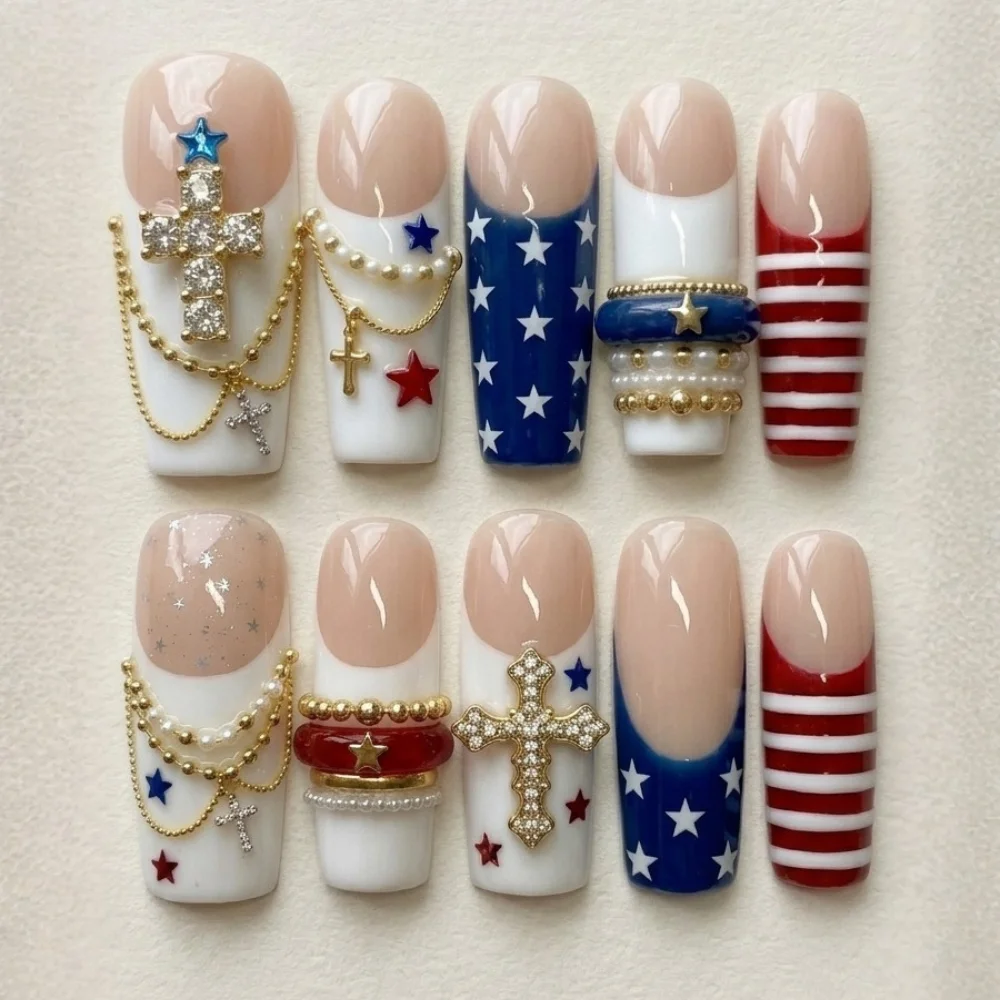 luxury patriotic nails, 4th of july nails, press on nails, custom press on nails, fake nails, Nails Art, stained glass nails, gold press on nails, 3d press on nails, luxury press on nails, handmade press on nails