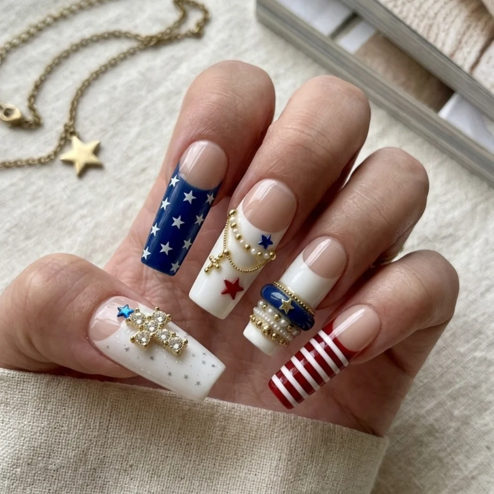 god and country nails, red white blue nails, press on nails, custom press on nails, fake nails, Nails Art, stained glass nails, gold press on nails, 3d press on nails, luxury press on nails, handmade press on nails