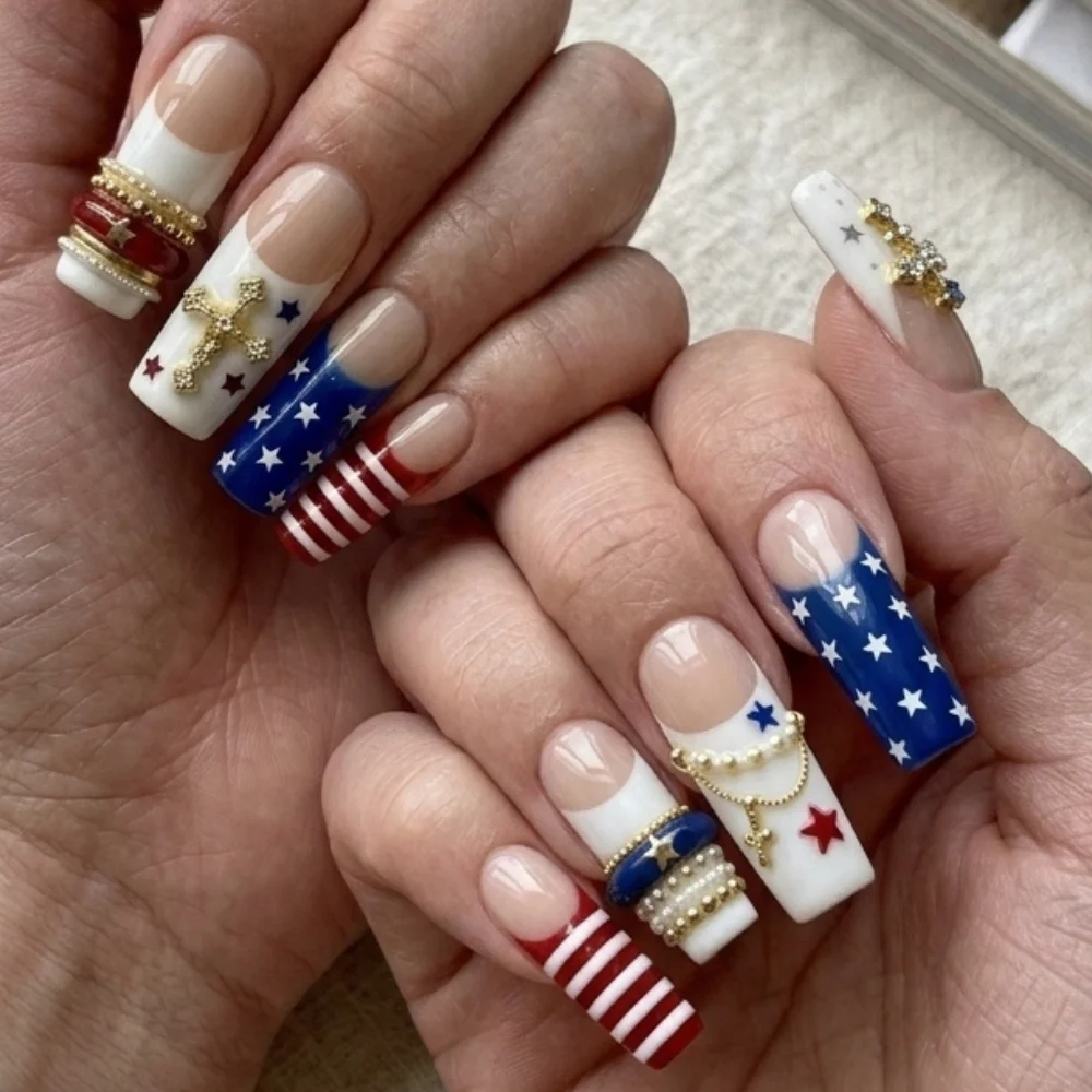 luxury patriotic nails, 4th of july nails, press on nails, custom press on nails, fake nails, Nails Art, stained glass nails, gold press on nails, 3d press on nails, luxury press on nails, handmade press on nails
