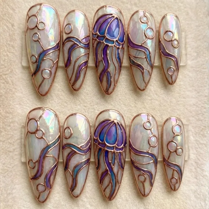 jellyfish nail art, stained glass nails, press on nails, custom press on nails, fake nails, Nails Art, gold press on nails, 3d press on nails, luxury press on nails, handmade press on nails