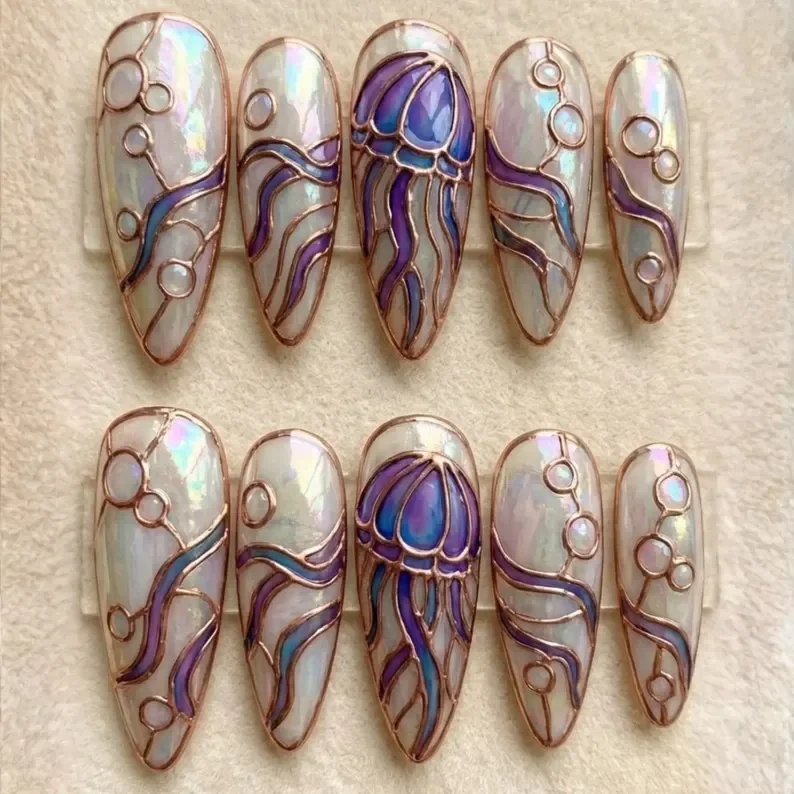 luxury pearl nails, mermaidcore press ons, press on nails, custom press on nails, fake nails, Nails Art, stained glass nails, gold press on nails, 3d press on nails, luxury press on nails, handmade press on nails