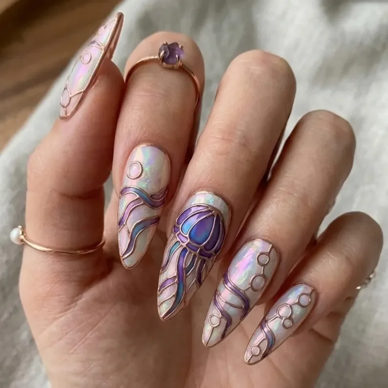 jellyfish nail art, stained glass nails, press on nails, custom press on nails, fake nails, Nails Art, gold press on nails, 3d press on nails, luxury press on nails, handmade press on nails