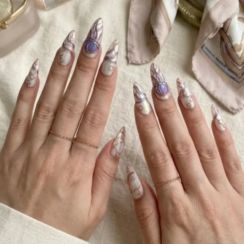 press on nails, pearl mermaid nails, custom press on nails, fake nails, Nails Art, stained glass nails, gold press on nails, 3d press on nails, luxury press on nails, handmade press on nails