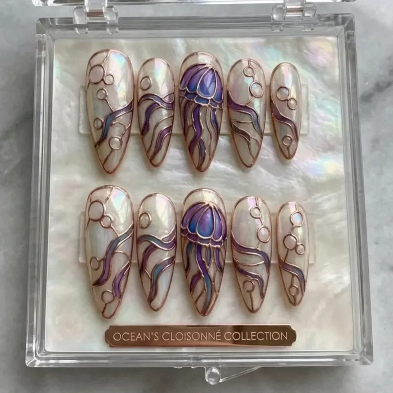 luxury pearl nails, mermaidcore press ons, press on nails, custom press on nails, fake nails, Nails Art, stained glass nails, gold press on nails, 3d press on nails, luxury press on nails, handmade press on nails
