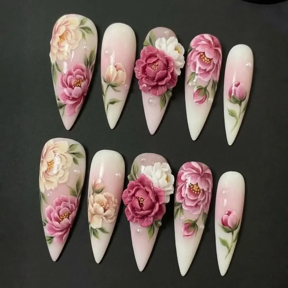 luxury peony press, nails floral art, press on nails, custom press on nails, fake nails, Nails Art, stained glass nails, gold press on nails, 3d press on nails, luxury press on nails, handmade press on nails