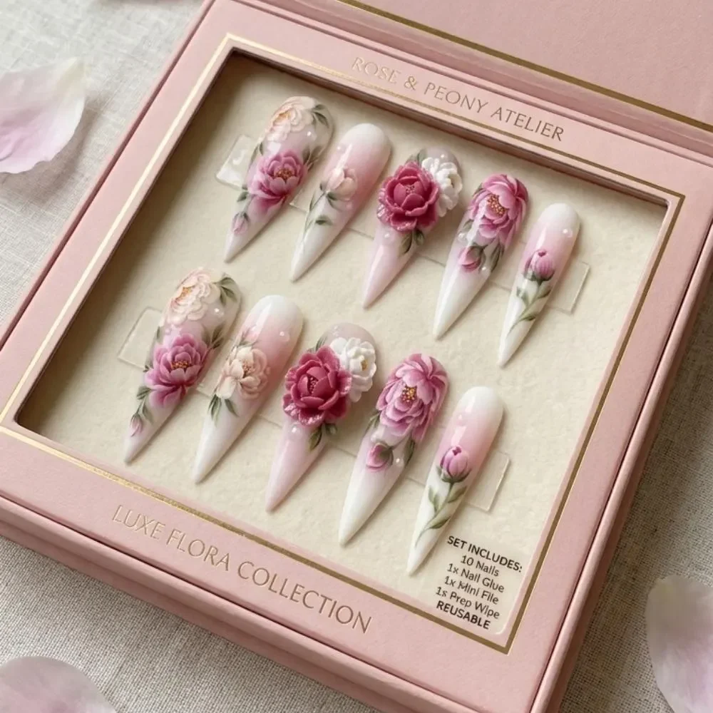 peony nail art, 3D floral design, press on nails, custom press on nails, fake nails, Nails Art, stained glass nails, gold press on nails, 3d press on nails, luxury press on nails, handmade press on nails