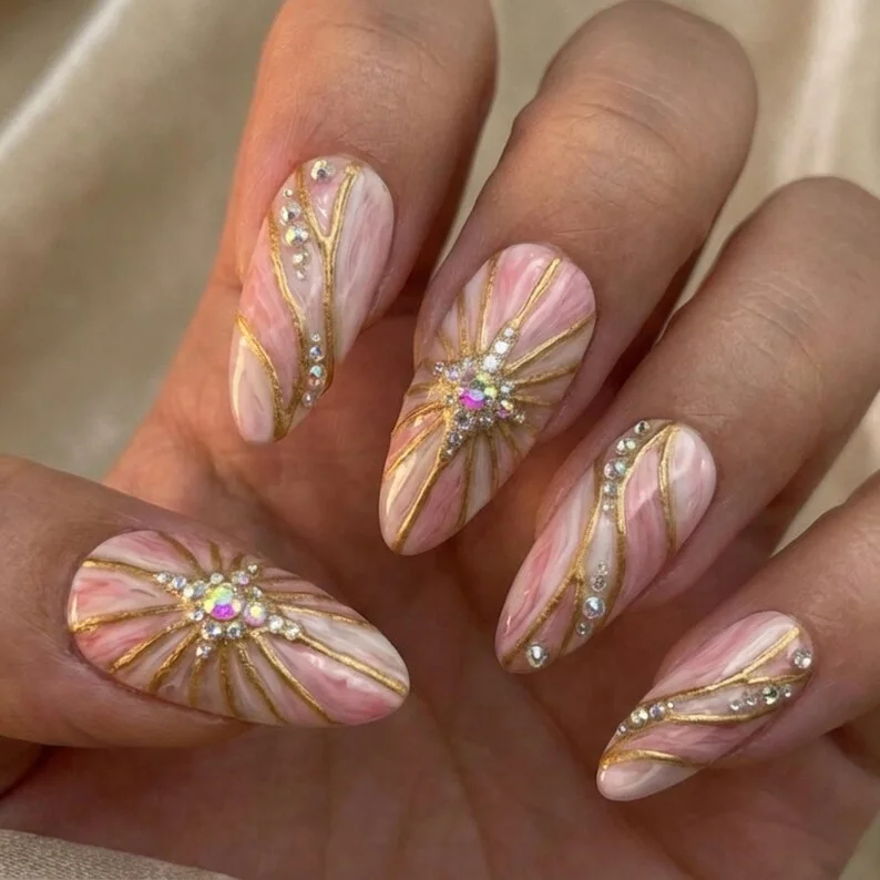 press on nails, 3D gold starburst, custom press on nails, fake nails, Nails Art, stained glass nails, gold press on nails, 3d press on nails, luxury press on nails, handmade press on nails