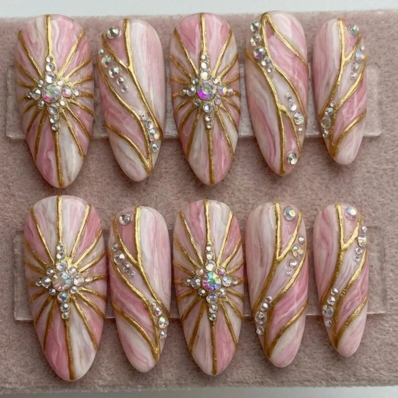 luxury pink marble, stained glass nails, press on nails, custom press on nails, fake nails, Nails Art, gold press on nails, 3d press on nails, luxury press on nails, handmade press on nails