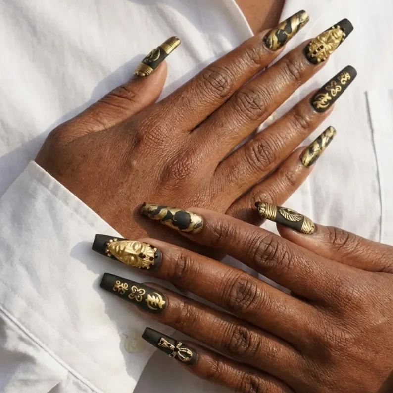 African mask nails, ankh nail art, press on nails, custom press on nails, fake nails, Nails Art, stained glass nails, gold press on nails, 3d press on nails, luxury press on nails, handmade press on nails