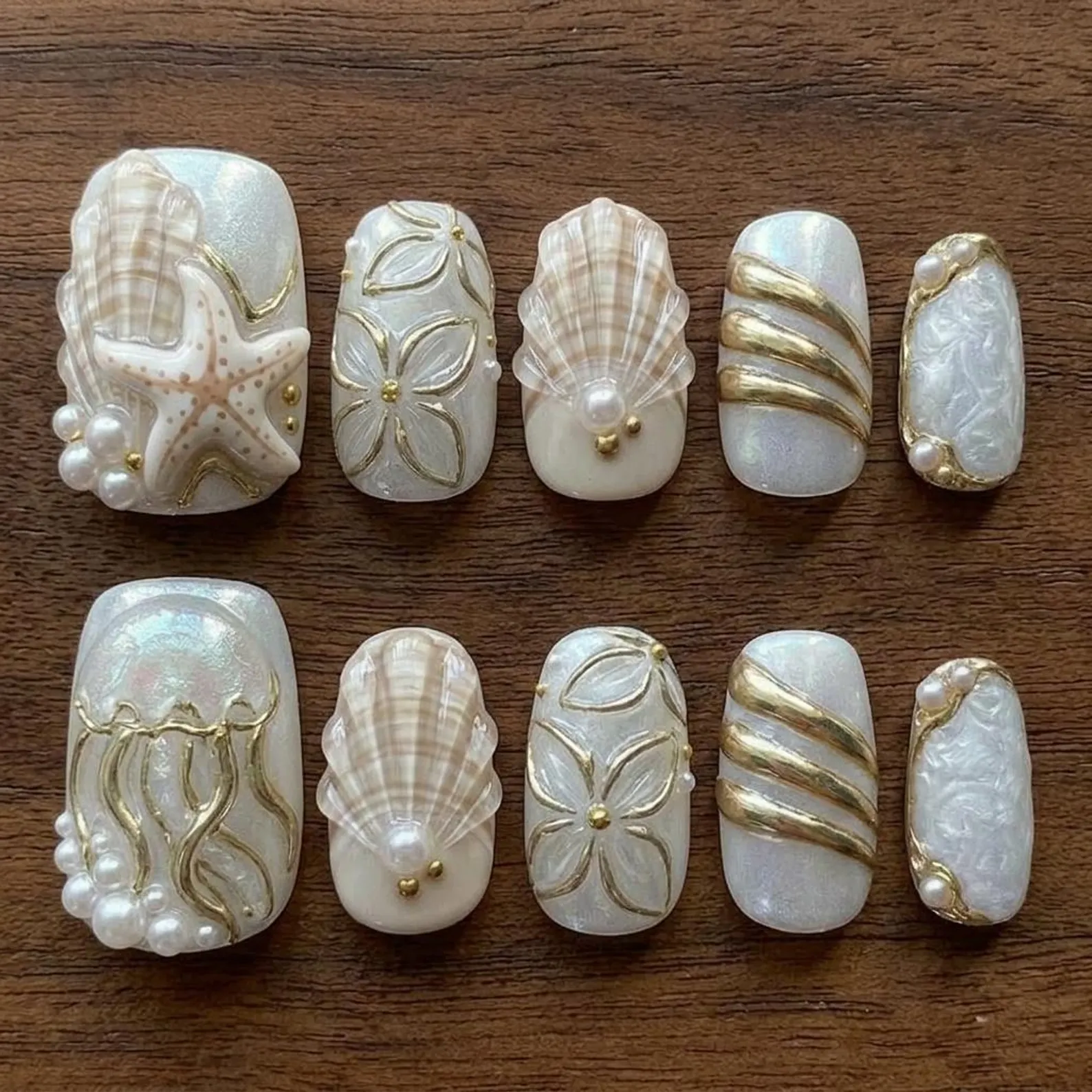 3D starfish, jellyfish shell, press on nails, custom press on nails, fake nails, Nails Art, stained glass nails, gold press on nails, 3d press on nails, luxury press on nails, handmade press on nails