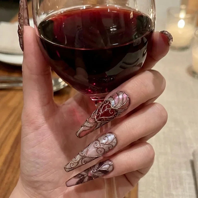 luxury valentine nails, romantic stained glass, press on nails, custom press on nails, fake nails, Nails Art, stained glass nails, gold press on nails, 3d press on nails, luxury press on nails, handmade press on nails