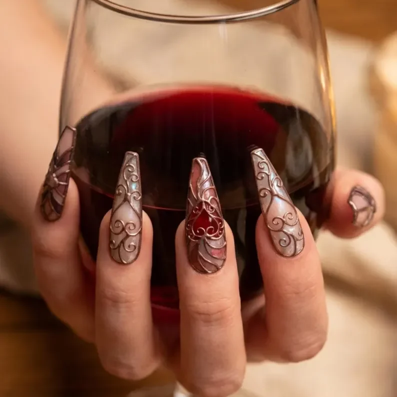 heart design nails, valentine heart nails, press on nails, custom press on nails, fake nails, Nails Art, stained glass nails, gold press on nails, 3d press on nails, luxury press on nails, handmade press on nails
