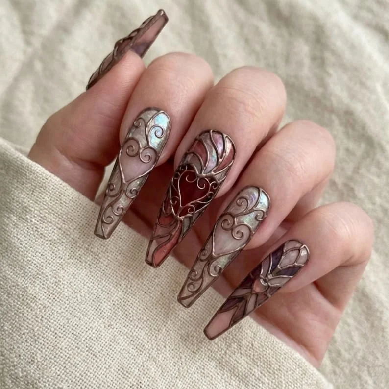 stained glass nails, copper relief nails, press on nails, custom press on nails, fake nails, Nails Art, gold press on nails, 3d press on nails, luxury press on nails, handmade press on nails