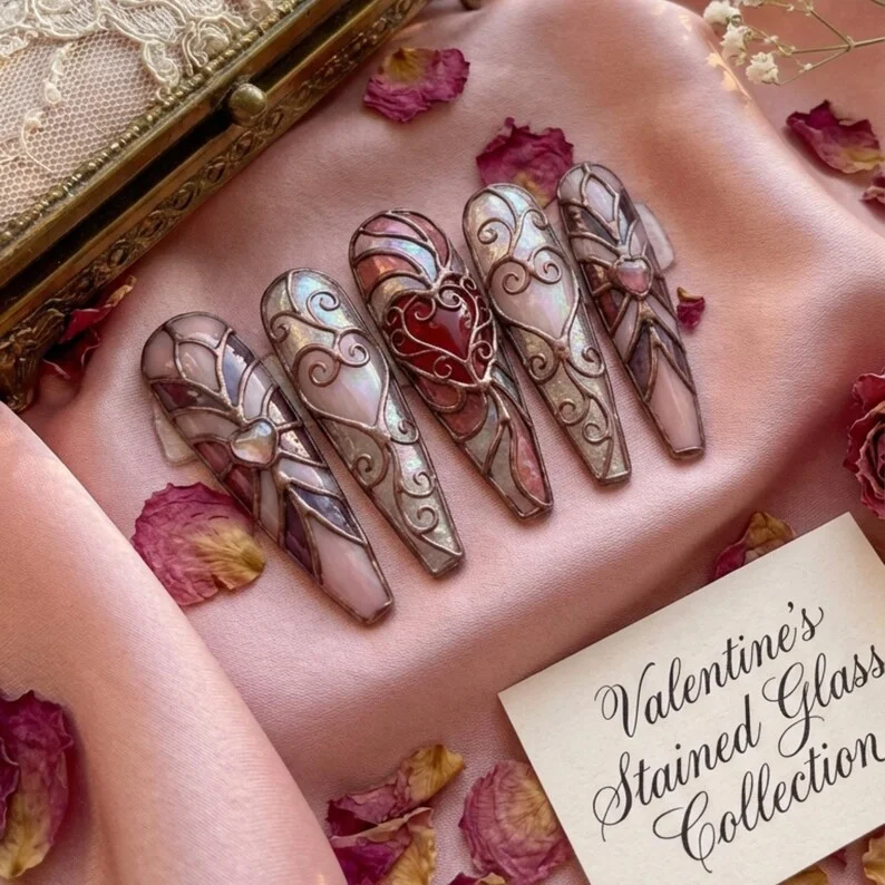 luxury valentine nails, romantic stained glass, press on nails, custom press on nails, fake nails, Nails Art, stained glass nails, gold press on nails, 3d press on nails, luxury press on nails, handmade press on nails