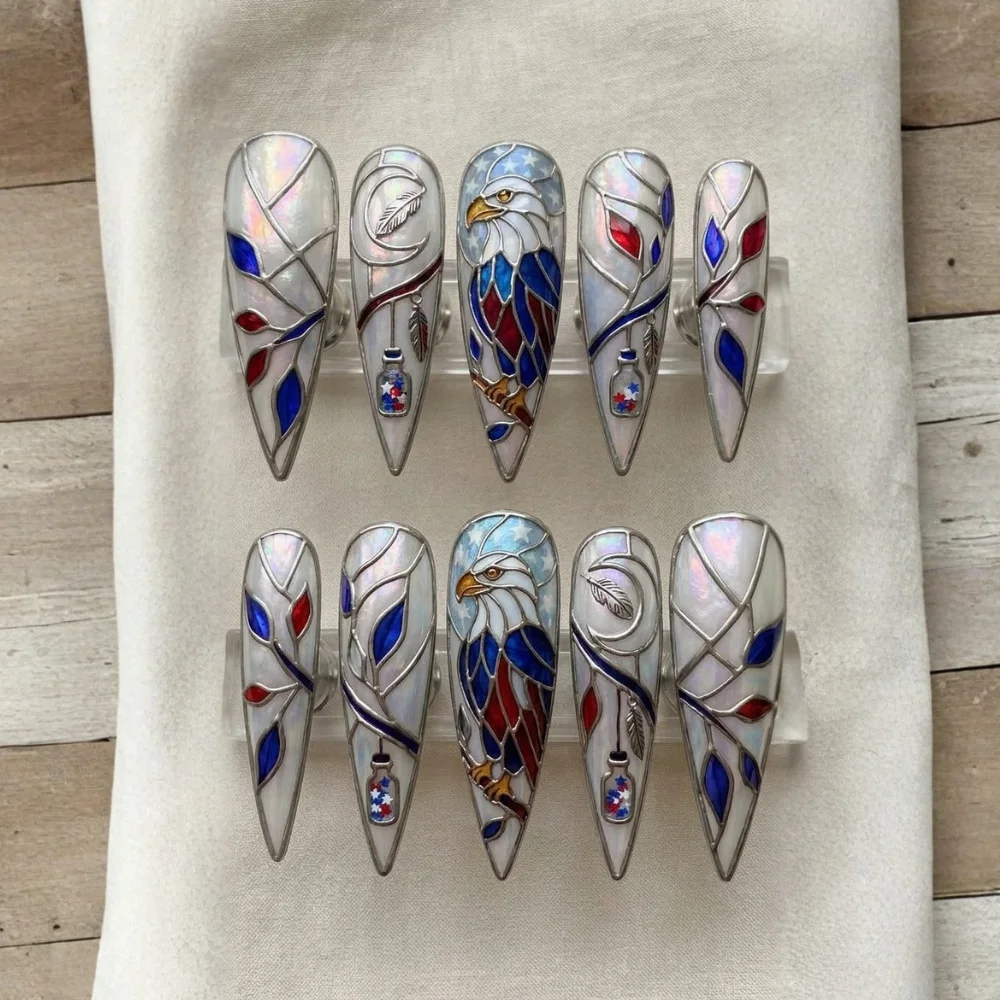 luxury stained glass, bald eagle nails, press on nails, custom press on nails, fake nails, Nails Art, stained glass nails, gold press on nails, 3d press on nails, luxury press on nails, handmade press on nails