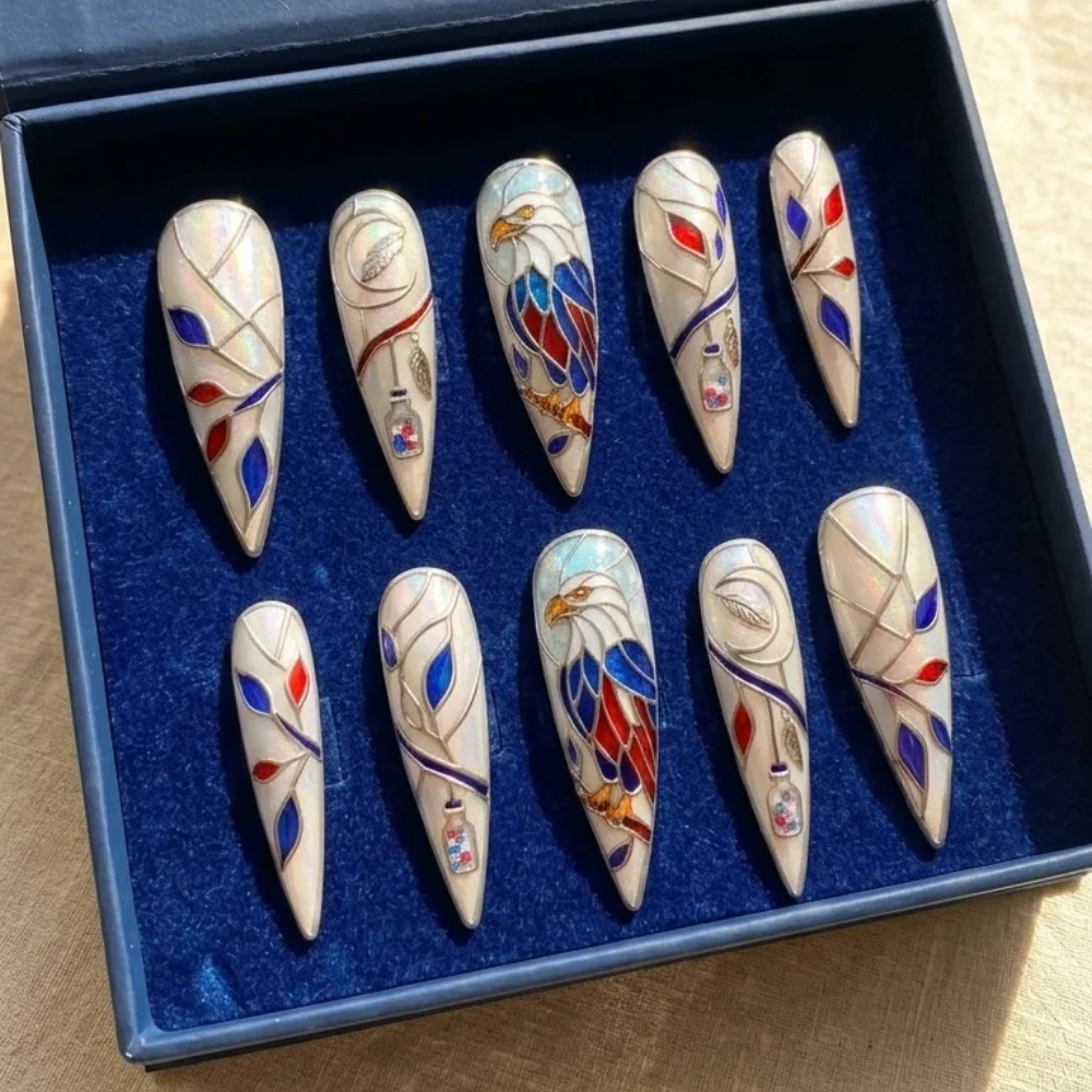 red white blue, iridescent nails, press on nails, custom press on nails, fake nails, Nails Art, stained glass nails, gold press on nails, 3d press on nails, luxury press on nails, handmade press on nails