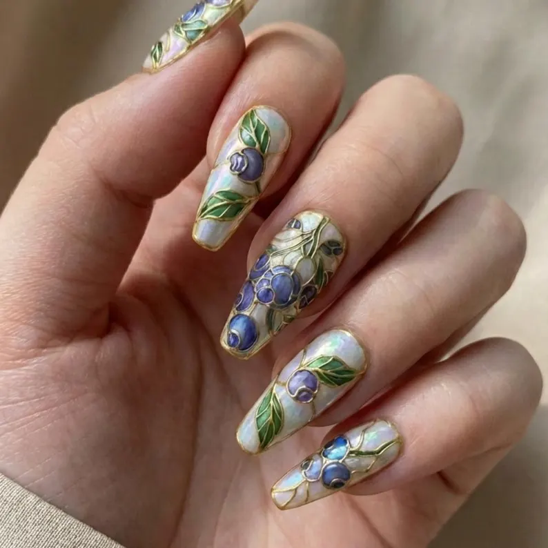 luxury stained glass, blueberry press on, press on nails, custom press on nails, fake nails, Nails Art, stained glass nails, gold press on nails, 3d press on nails, luxury press on nails, handmade press on nails