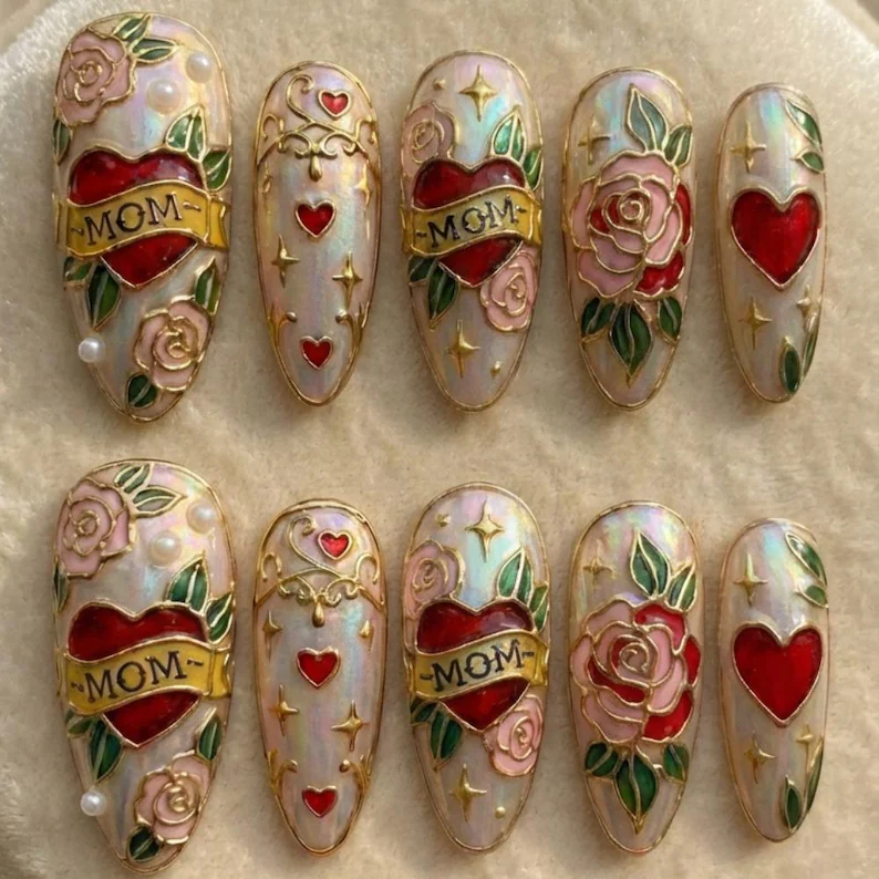 press on nails, american traditional, custom press on nails, fake nails, Nails Art, stained glass nails, gold press on nails, 3d press on nails, luxury press on nails, handmade press on nails