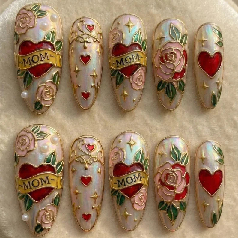 luxury stained glass, mom tattoo nails, press on nails, custom press on nails, fake nails, Nails Art, stained glass nails, gold press on nails, 3d press on nails, luxury press on nails, handmade press on nails