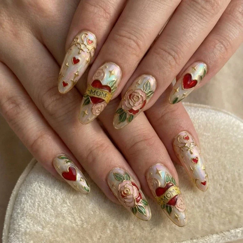 heart and rose, rose art nails, press on nails, custom press on nails, fake nails, Nails Art, stained glass nails, gold press on nails, 3d press on nails, luxury press on nails, handmade press on nails