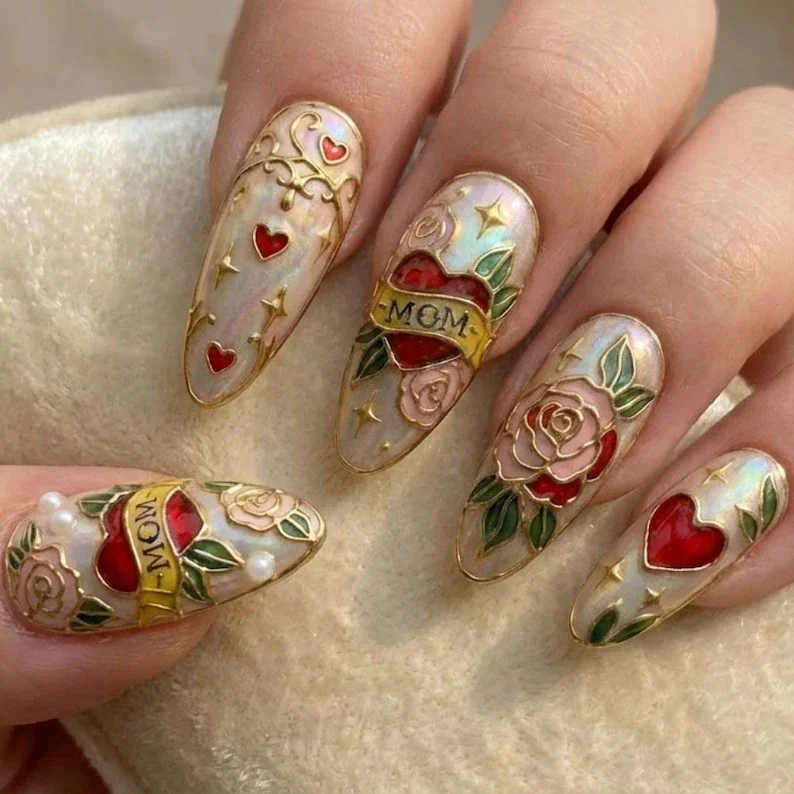 stained glass design, tattoo style nails, press on nails, custom press on nails, fake nails, Nails Art, stained glass nails, gold press on nails, 3d press on nails, luxury press on nails, handmade press on nails