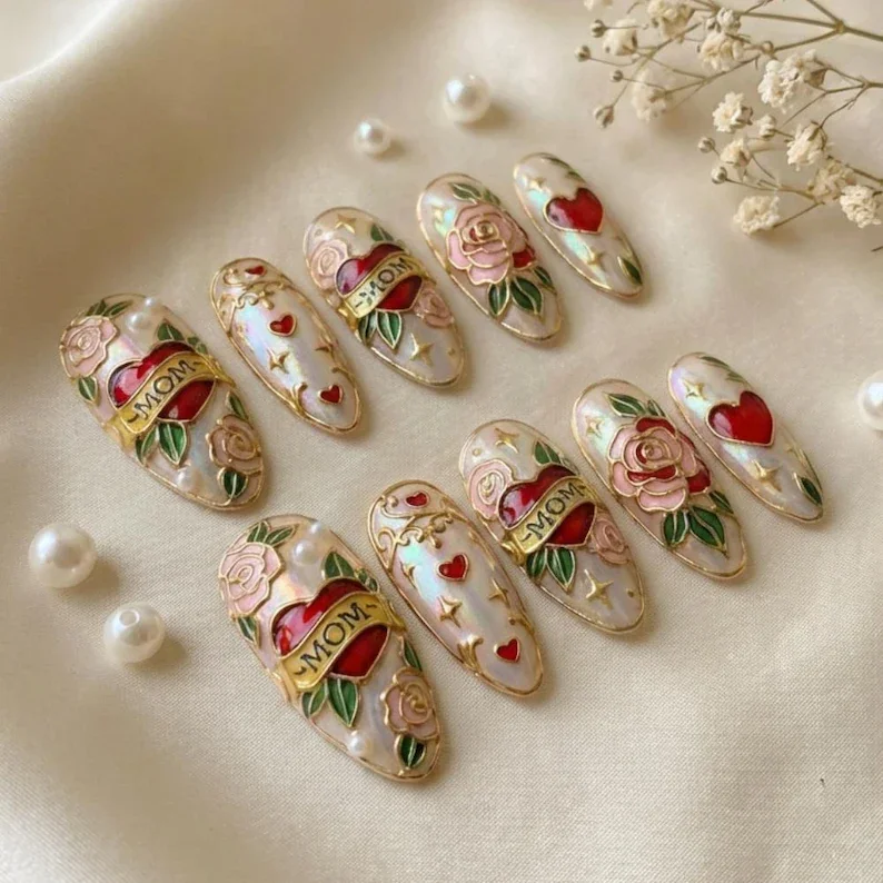 luxury stained glass, mom tattoo nails, press on nails, custom press on nails, fake nails, Nails Art, stained glass nails, gold press on nails, 3d press on nails, luxury press on nails, handmade press on nails