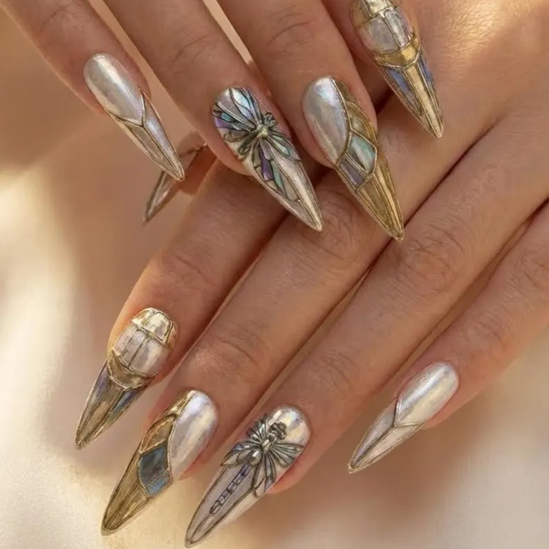chrome silver, gold accents, press on nails, custom press on nails, fake nails, Nails Art, stained glass nails, gold press on nails, 3d press on nails, luxury press on nails, handmade press on nails