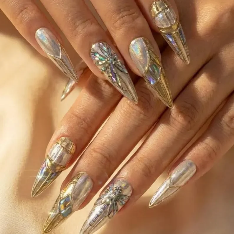 chrome silver, gold accents, press on nails, custom press on nails, fake nails, Nails Art, stained glass nails, gold press on nails, 3d press on nails, luxury press on nails, handmade press on nails