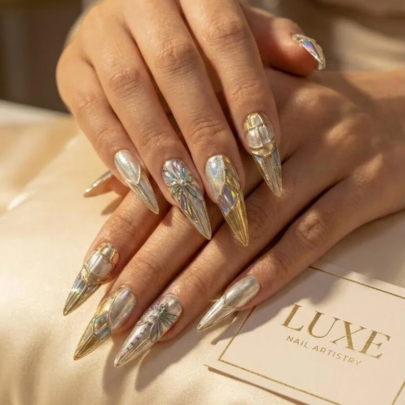 stiletto press ons, luxury nail set, press on nails, custom press on nails, fake nails, Nails Art, stained glass nails, gold press on nails, 3d press on nails, luxury press on nails, handmade press on nails