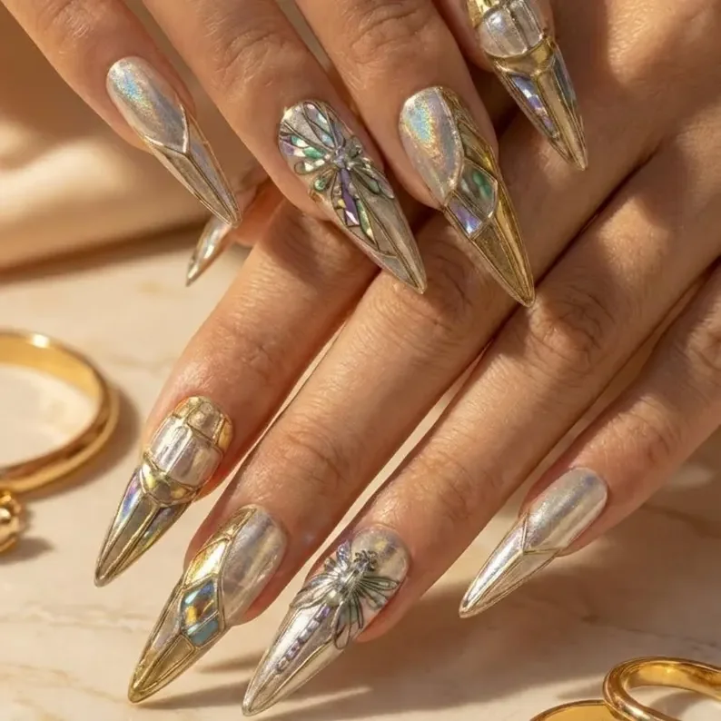 luxury stiletto nails, press on nails, custom press on nails, fake nails, Nails Art, stained glass nails, gold press on nails, 3d press on nails, luxury press on nails, handmade press on nails