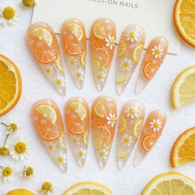 jelly orange nails, lemon daisy nail art, press on nails, custom press on nails, fake nails, Nails Art, stained glass nails, gold press on nails, 3d press on nails, luxury press on nails, handmade press on nails