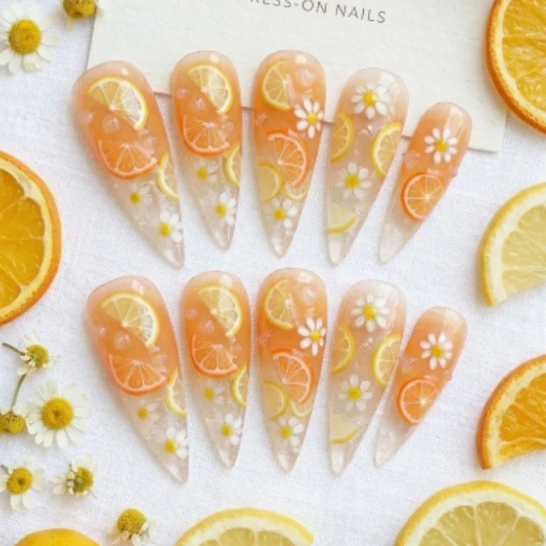 luxury summer nails, citrus bloom press, press on nails, custom press on nails, fake nails, Nails Art, stained glass nails, gold press on nails, 3d press on nails, luxury press on nails, handmade press on nails