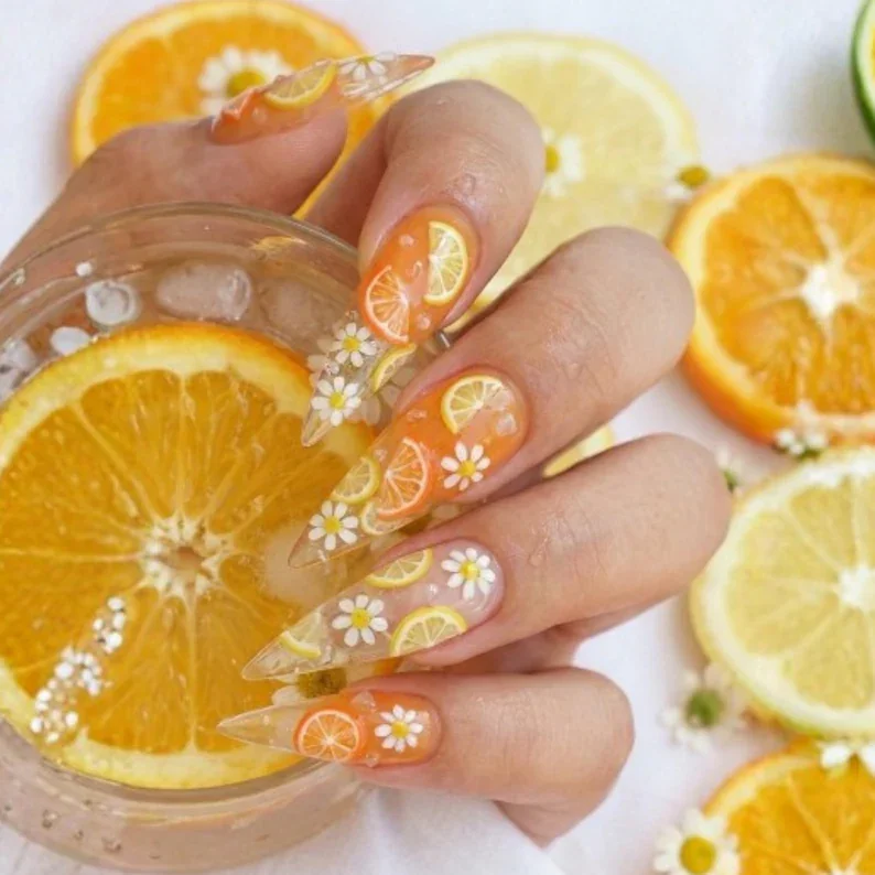 jelly orange nails, lemon daisy nail art, press on nails, custom press on nails, fake nails, Nails Art, stained glass nails, gold press on nails, 3d press on nails, luxury press on nails, handmade press on nails