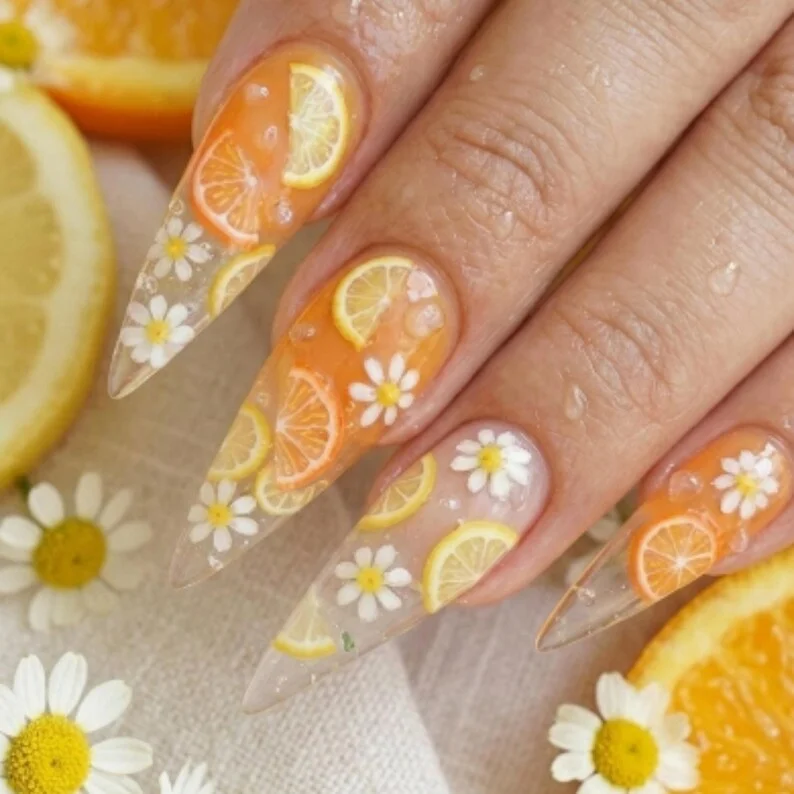 floral daisy nails, orange lemon manicure, press on nails, custom press on nails, fake nails, Nails Art, stained glass nails, gold press on nails, 3d press on nails, luxury press on nails, handmade press on nails
