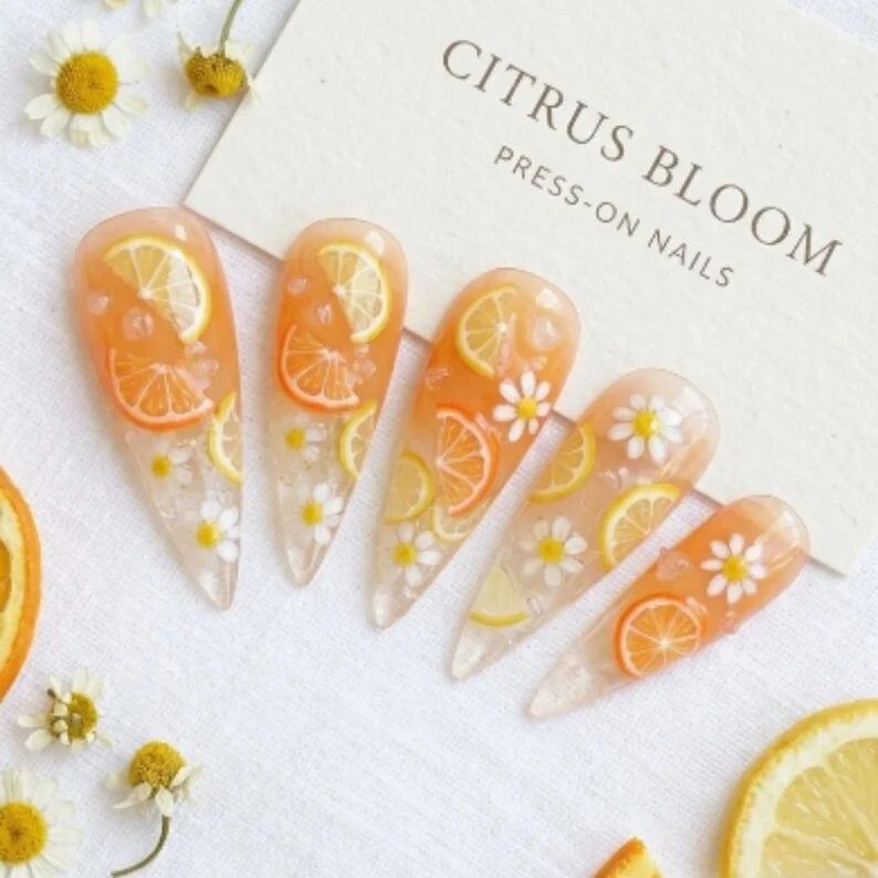 luxury summer nails, citrus bloom press, press on nails, custom press on nails, fake nails, Nails Art, stained glass nails, gold press on nails, 3d press on nails, luxury press on nails, handmade press on nails