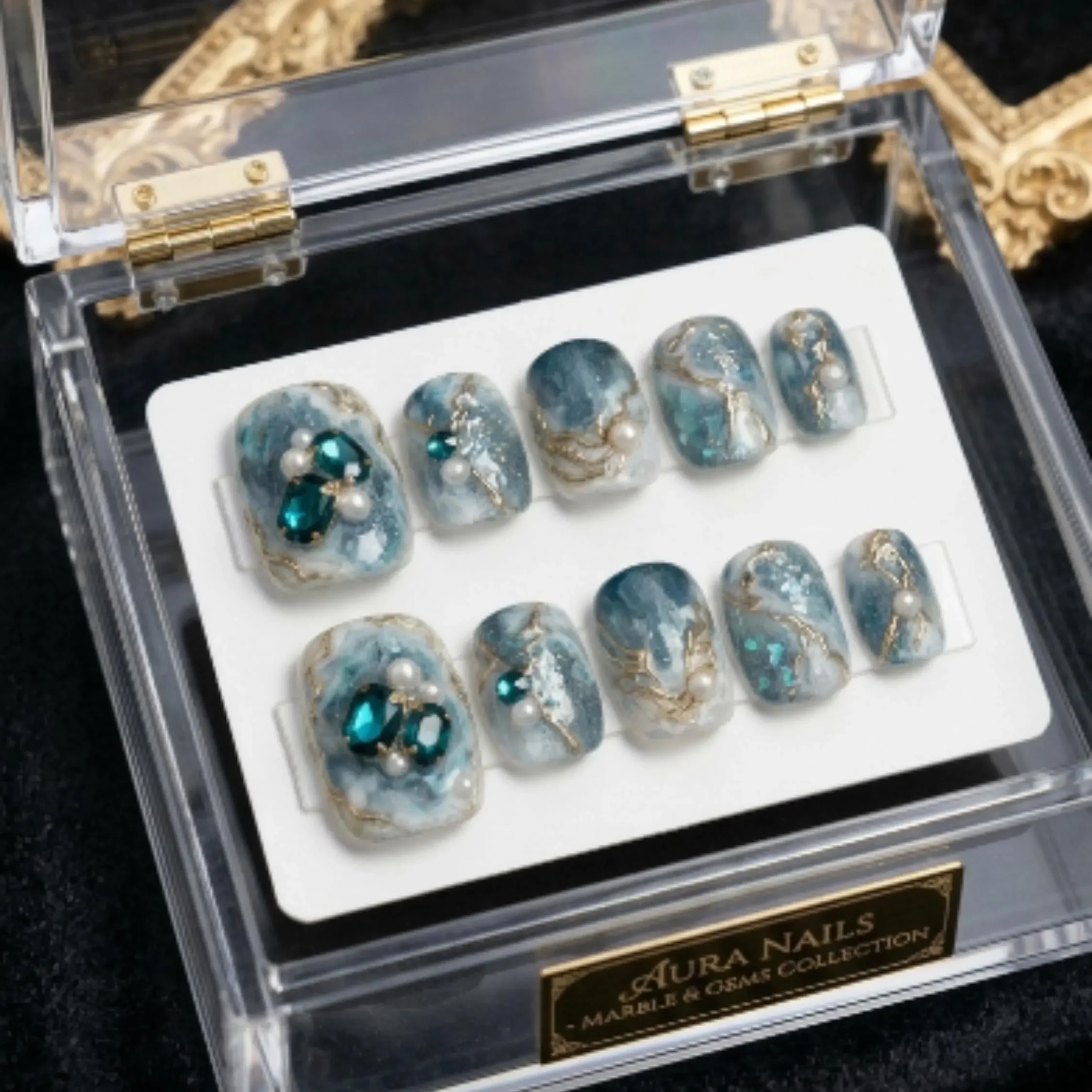 teal marble nails, luxury toe set, press on nails, custom press on nails, fake nails, Nails Art, stained glass nails, gold press on nails, 3d press on nails, luxury press on nails, handmade press on nails