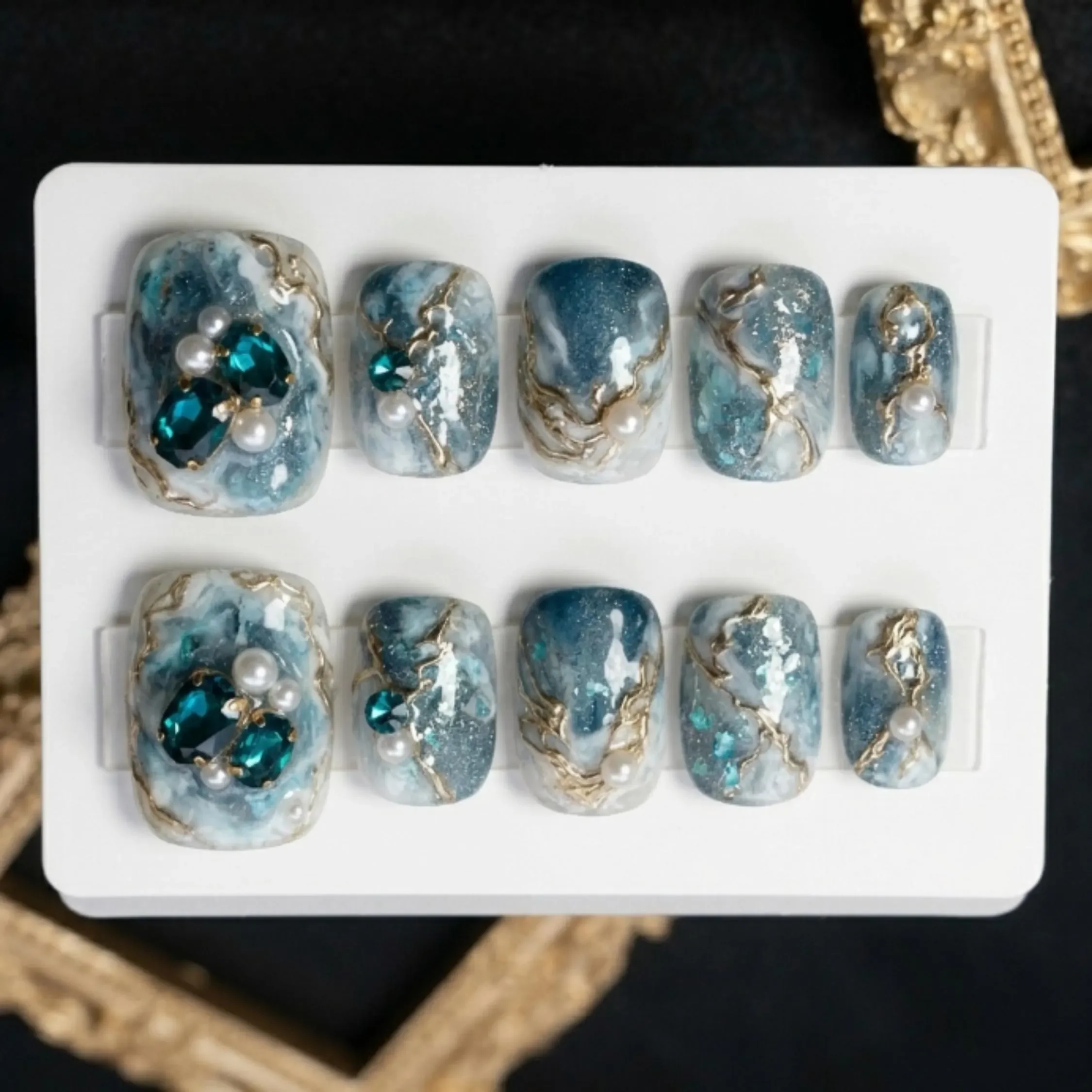 luxury teal marble, press on toes, press on nails, custom press on nails, fake nails, Nails Art, stained glass nails, gold press on nails, 3d press on nails, luxury press on nails, handmade press on nails