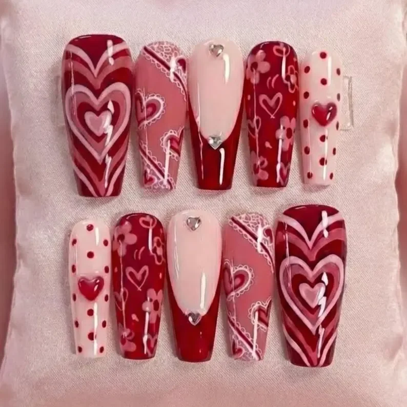 luxury valentine nails, coquette press on, press on nails, custom press on nails, fake nails, Nails Art, stained glass nails, gold press on nails, 3d press on nails, luxury press on nails, handmade press on nails
