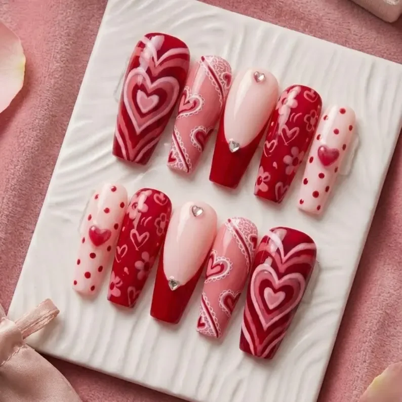 luxury valentine nails, coquette press on, press on nails, custom press on nails, fake nails, Nails Art, stained glass nails, gold press on nails, 3d press on nails, luxury press on nails, handmade press on nails