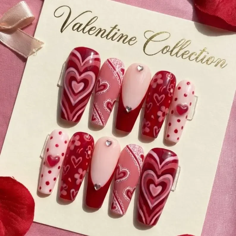 hand-painted heart nails, red pink nail art, press on nails, custom press on nails, fake nails, Nails Art, stained glass nails, gold press on nails, 3d press on nails, luxury press on nails, handmade press on nails