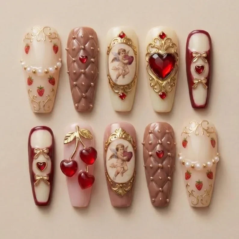 luxury vintage nails, rococo valentine nails, press on nails, custom press on nails, fake nails, Nails Art, stained glass nails, gold press on nails, 3d press on nails, luxury press on nails, handmade press on nails