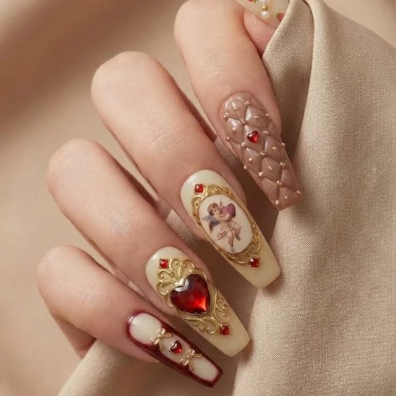 heart coquette nails, strawberry nail art, press on nails, custom press on nails, fake nails, Nails Art, stained glass nails, gold press on nails, 3d press on nails, luxury press on nails, handmade press on nails