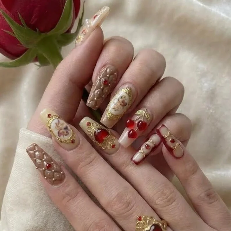 valentine nail design, roccoco cherub nails, press on nails, custom press on nails, fake nails, Nails Art, stained glass nails, gold press on nails, 3d press on nails, luxury press on nails, handmade press on nails